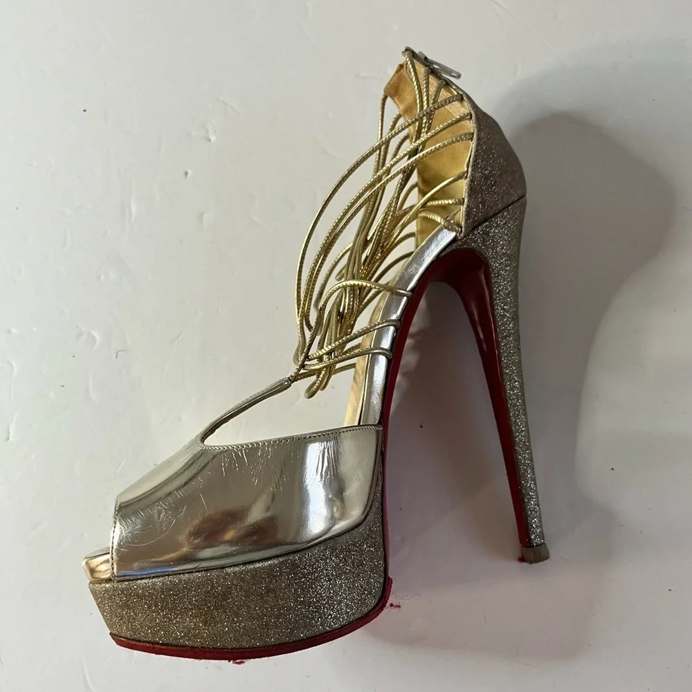 Christian Louboutin Lady Peep Gold Glitter Platform Heels Women’s EU 36 - Picture 11 of 15